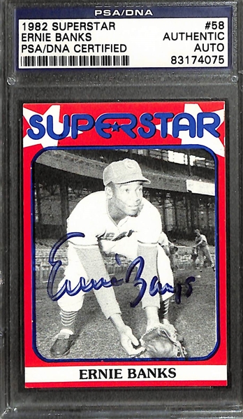 (7) Signed Cards - Ernie Banks, Carl Hubbell, Dick Bartell, Wally Burger, Riggs Stephenson, Charlie Grimm, Bruce Campbell (All Slabbed Authentic PSA/DNA)