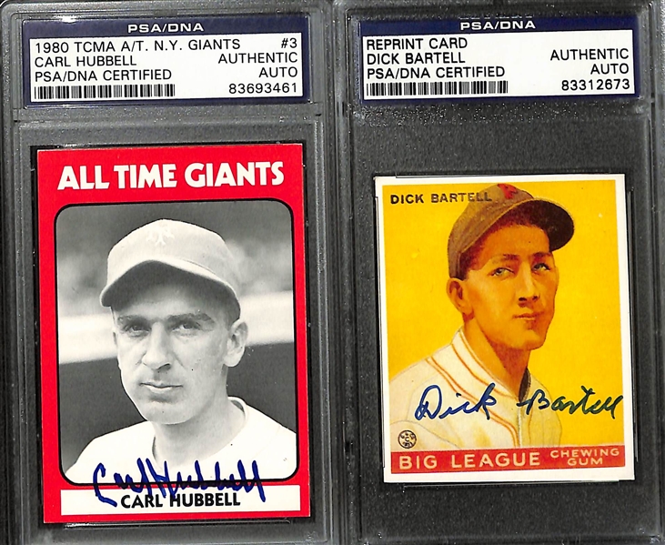 (7) Signed Cards - Ernie Banks, Carl Hubbell, Dick Bartell, Wally Burger, Riggs Stephenson, Charlie Grimm, Bruce Campbell (All Slabbed Authentic PSA/DNA)