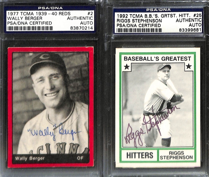 (7) Signed Cards - Ernie Banks, Carl Hubbell, Dick Bartell, Wally Burger, Riggs Stephenson, Charlie Grimm, Bruce Campbell (All Slabbed Authentic PSA/DNA)