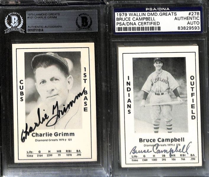 (7) Signed Cards - Ernie Banks, Carl Hubbell, Dick Bartell, Wally Burger, Riggs Stephenson, Charlie Grimm, Bruce Campbell (All Slabbed Authentic PSA/DNA)