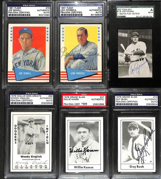 (6) Signed Cards w. 1961 Fleer Joe Sewell,  1961 Fleer Lew Fonseca, 1972 TCMA Joe Cronin, Woody English, Willie Kamm, & Guy Bush (All Slabbed Authentic PSA/DNA)