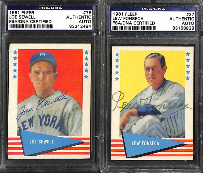 (6) Signed Cards w. 1961 Fleer Joe Sewell,  1961 Fleer Lew Fonseca, 1972 TCMA Joe Cronin, Woody English, Willie Kamm, & Guy Bush (All Slabbed Authentic PSA/DNA)