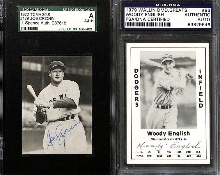 (6) Signed Cards w. 1961 Fleer Joe Sewell,  1961 Fleer Lew Fonseca, 1972 TCMA Joe Cronin, Woody English, Willie Kamm, & Guy Bush (All Slabbed Authentic PSA/DNA)