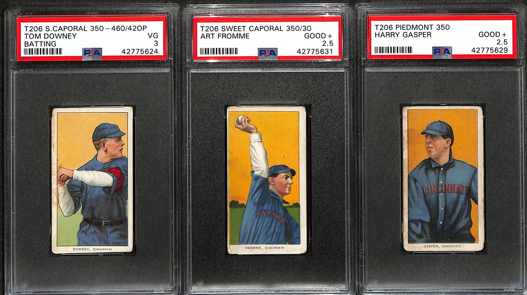 (3) 1909-11 T206 Cards - Tom Downey (Batting - PSA 3), Art Fromme (PSA 2.5), Harry Gasper (PSA 2.5)