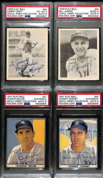 (4) Signed Cards From the Uncle Jimmy Collection (1939 Play Ball Harry Craft & Bill Jurges; 1941 Play Ball Charlie Keller  & Johnny Cooney) - Each PSA Slabbed in Uncle Jimmy Holder!