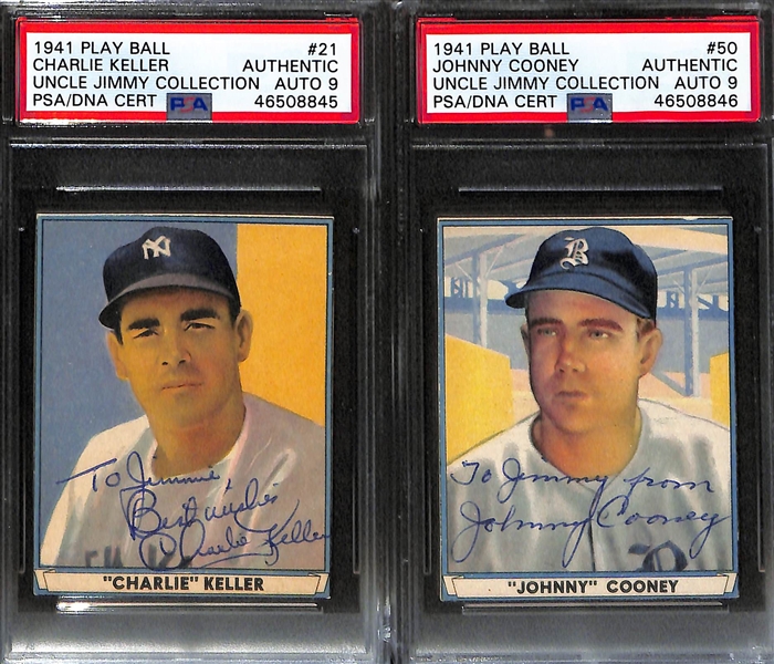 (4) Signed Cards From the Uncle Jimmy Collection (1939 Play Ball Harry Craft & Bill Jurges; 1941 Play Ball Charlie Keller  & Johnny Cooney) - Each PSA Slabbed in Uncle Jimmy Holder!