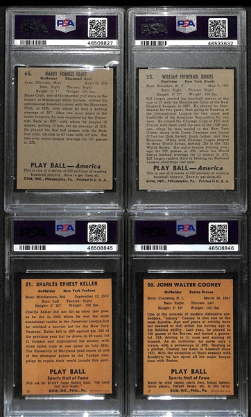 (4) Signed Cards From the Uncle Jimmy Collection (1939 Play Ball Harry Craft & Bill Jurges; 1941 Play Ball Charlie Keller  & Johnny Cooney) - Each PSA Slabbed in Uncle Jimmy Holder!