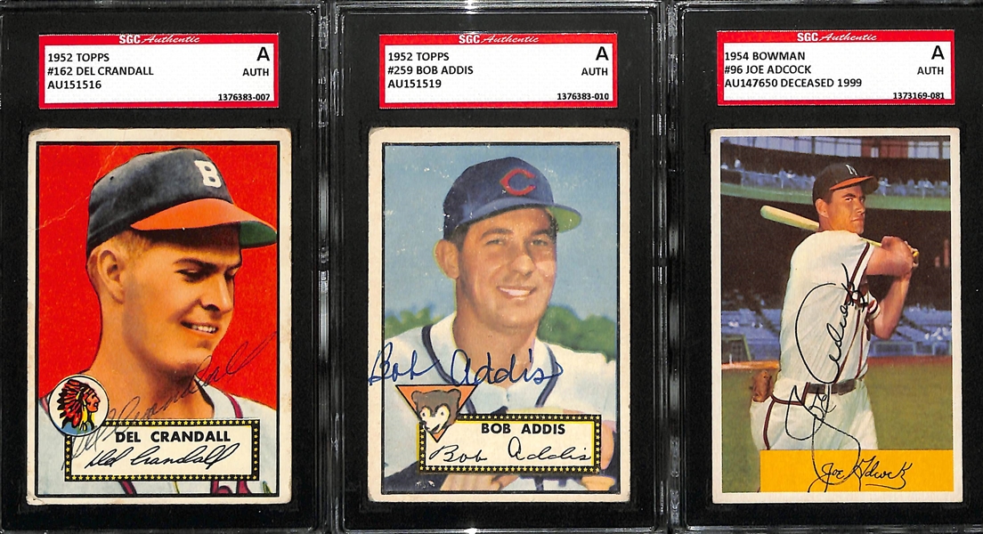 (3) Signed Cards - 1952 Topps Del Crandall, 1952 Topps Bob Addis, 1954 Bowman Joe Adcock (All SGC Authenticated/Slabbed)