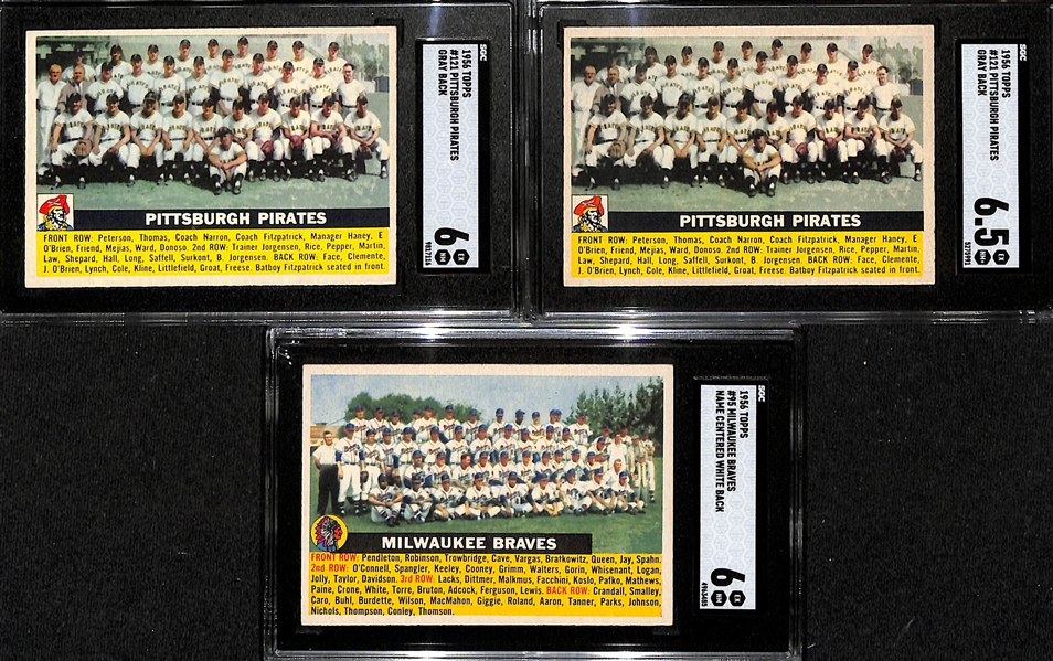 (3) 1956 Topps Team Cards Graded SGC w. Pittsburgh Pirates (Graded SGC 6.5), Pittsburgh Pirates (Graded SGC 6), and Milwaukee Braves (Graded SGC 6) 