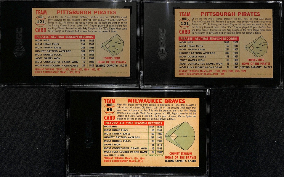 (3) 1956 Topps Team Cards Graded SGC w. Pittsburgh Pirates (Graded SGC 6.5), Pittsburgh Pirates (Graded SGC 6), and Milwaukee Braves (Graded SGC 6) 