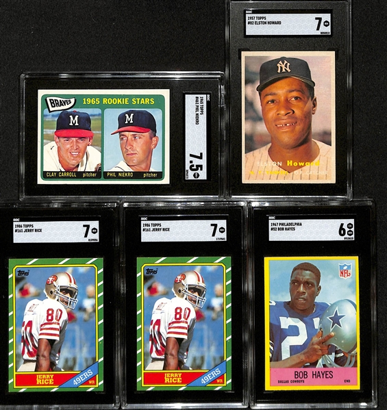 (5) SGC Graded Cards w. 1965 Topps Phil Niekro Graded 7.5, 1957 Topps Elston Howard Graded 7, (2) 1986 Topps Jerry Rice Grade 7, and 1967 Philadelphia Bob Hayes Graded 6.  