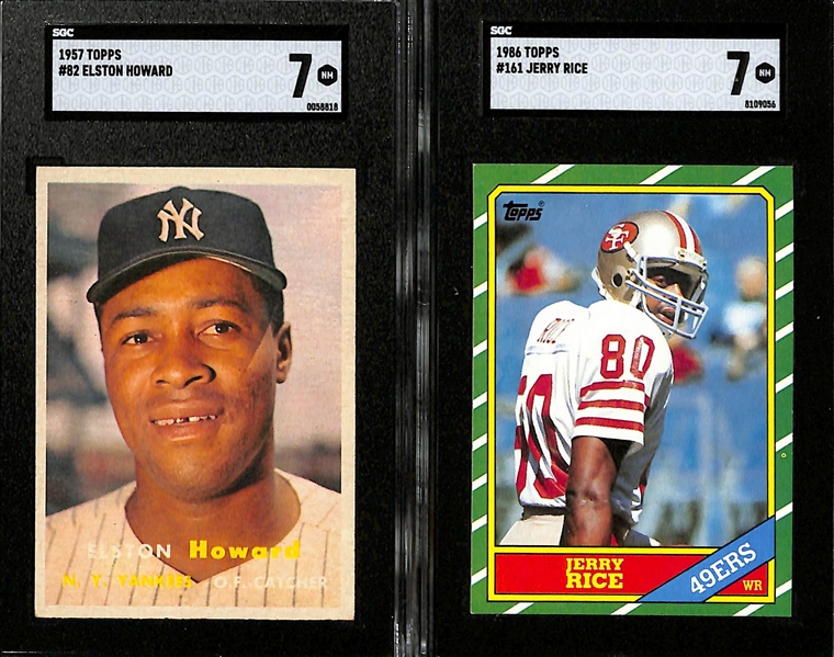 (5) SGC Graded Cards w. 1965 Topps Phil Niekro Graded 7.5, 1957 Topps Elston Howard Graded 7, (2) 1986 Topps Jerry Rice Grade 7, and 1967 Philadelphia Bob Hayes Graded 6.  