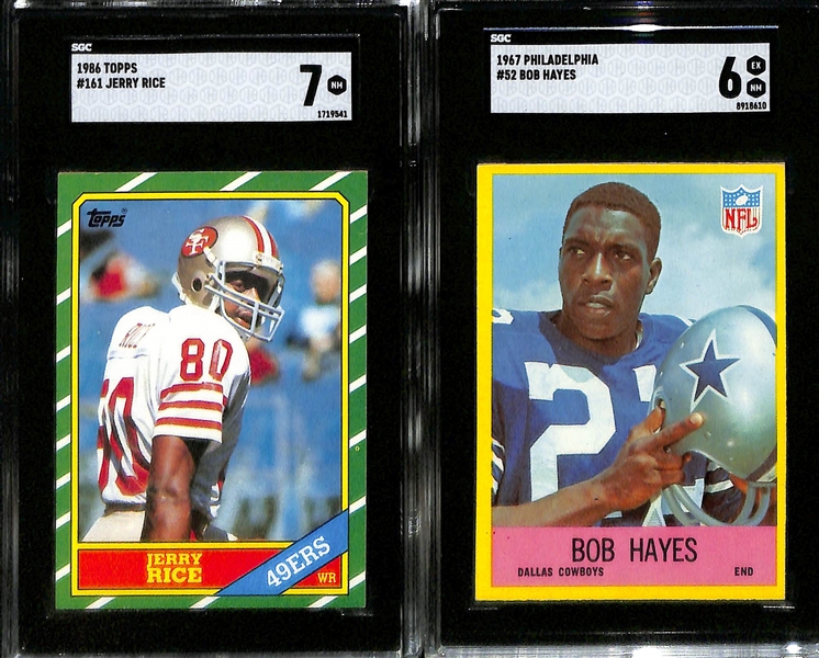 (5) SGC Graded Cards w. 1965 Topps Phil Niekro Graded 7.5, 1957 Topps Elston Howard Graded 7, (2) 1986 Topps Jerry Rice Grade 7, and 1967 Philadelphia Bob Hayes Graded 6.  