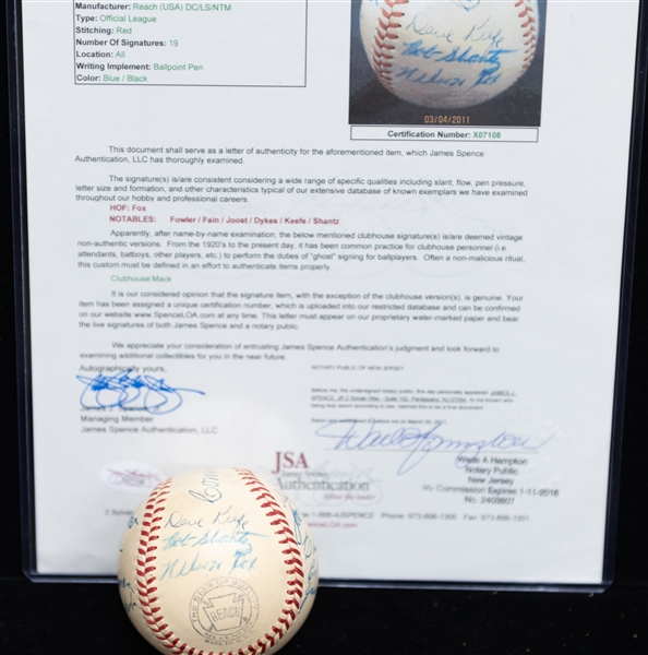 1949 Philadelphia Athletics Team Signed Baseball - 19 Total Signatures - w. Nellie Fox - Full JSA Letter of Authenticity