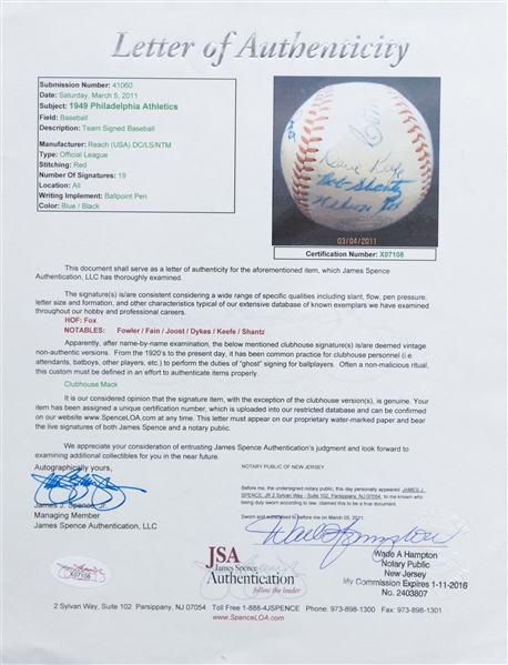 1949 Philadelphia Athletics Team Signed Baseball - 19 Total Signatures - w. Nellie Fox - Full JSA Letter of Authenticity