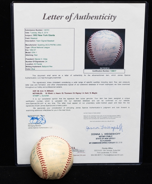 1952 New York Giants Team Signed Baseball - 24 Total Signatures - w. Monte Irvin & Hoyt Wilhelm - Full JSA Letter of Authenticity