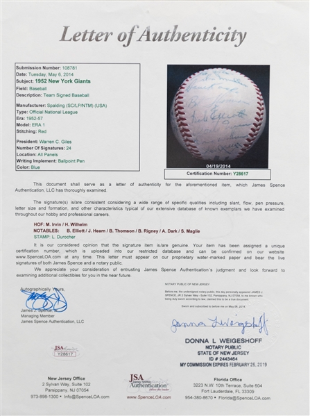 1952 New York Giants Team Signed Baseball - 24 Total Signatures - w. Monte Irvin & Hoyt Wilhelm - Full JSA Letter of Authenticity