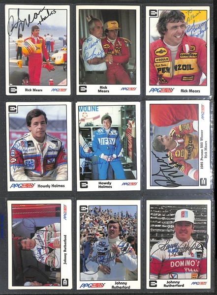 Lot of Over (80) Signed Sport Cards w. Mostly Indy Car Racing Drivers inc. (4) Rick Mears, (3) Al Unser, (3) Mario Andretti, (2) Arie Luyendyk, Debbie Meyer, + (JSA Auction Letter)