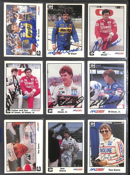 Lot of Over (80) Signed Sport Cards w. Mostly Indy Car Racing Drivers inc. (4) Rick Mears, (3) Al Unser, (3) Mario Andretti, (2) Arie Luyendyk, Debbie Meyer, + (JSA Auction Letter)