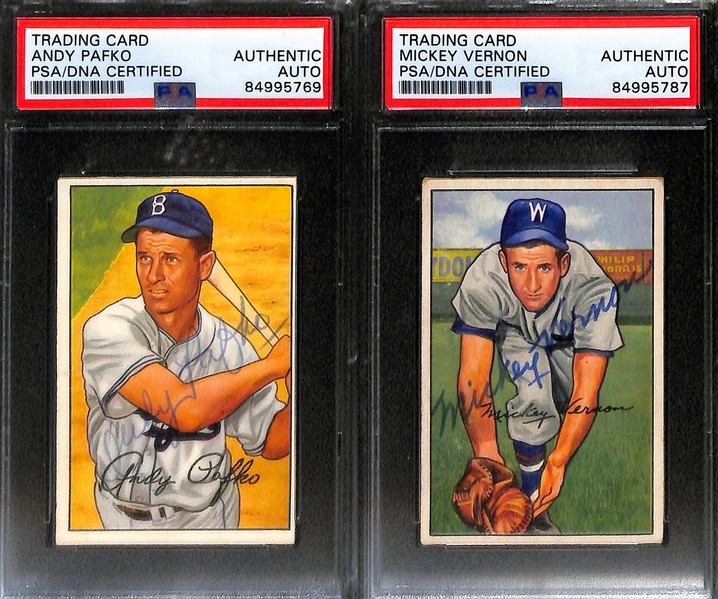 (7) 1952 Bowman Signed Cards (PSA/DNA Slabbed) - Preacher Roe, Jerry Coleman, Frank Crosetti, Andy Pafko, Mickey Vernon, Bobby Brown, Gene Hermanski