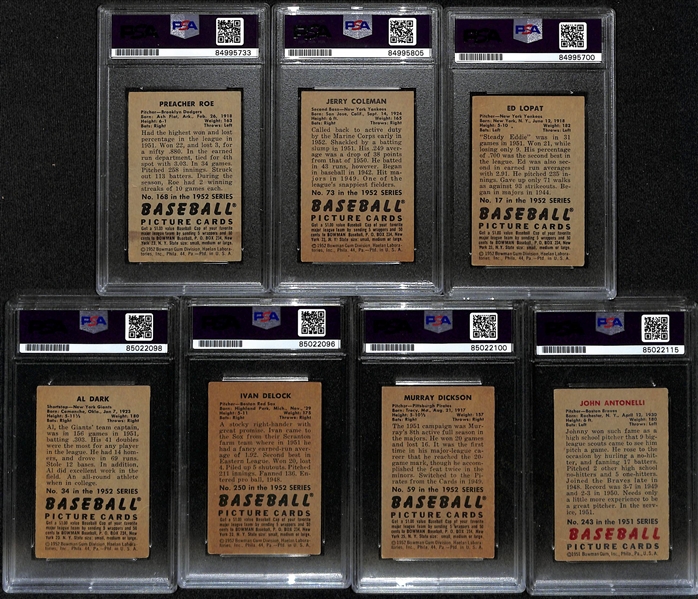 (7) 1952 Bowman Signed Cards (PSA/DNA Slabbed) - Preacher Roe, Jerry Coleman, Ed Lopat, Al Dark, Ike Delock, Murry Dickson, Johnny Antonelli
