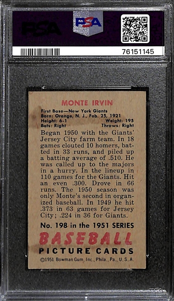 1951 Bowman Monte Irvin Rookie Card #198 Graded PSA 4