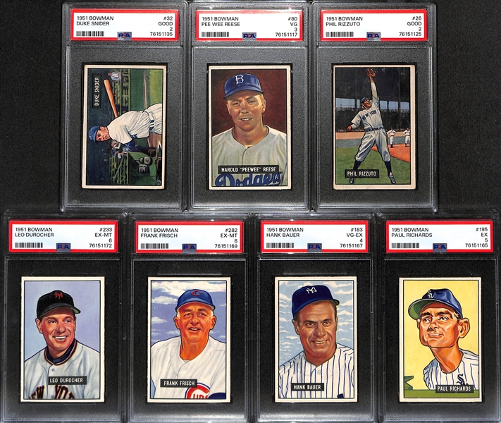 (7) Graded 1951 Bowman Cards - Duke Snider (PSA 2), Pee Wee Reese (PSA 3), Rizzuto (PSA 2), Durocher (PSA  6), Frank Frisch (PSA 6), Hank Bauer (PSA 4), Paul Richards (PSA 5)