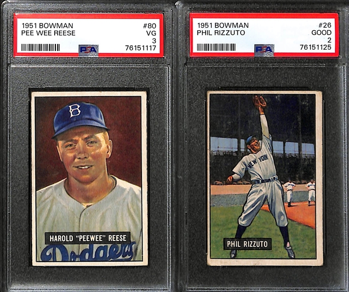 (7) Graded 1951 Bowman Cards - Duke Snider (PSA 2), Pee Wee Reese (PSA 3), Rizzuto (PSA 2), Durocher (PSA  6), Frank Frisch (PSA 6), Hank Bauer (PSA 4), Paul Richards (PSA 5)