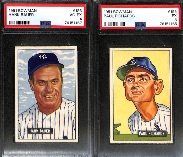 (7) Graded 1951 Bowman Cards - Duke Snider (PSA 2), Pee Wee Reese (PSA 3), Rizzuto (PSA 2), Durocher (PSA  6), Frank Frisch (PSA 6), Hank Bauer (PSA 4), Paul Richards (PSA 5)