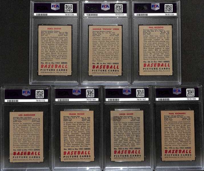 (7) Graded 1951 Bowman Cards - Duke Snider (PSA 2), Pee Wee Reese (PSA 3), Rizzuto (PSA 2), Durocher (PSA  6), Frank Frisch (PSA 6), Hank Bauer (PSA 4), Paul Richards (PSA 5)