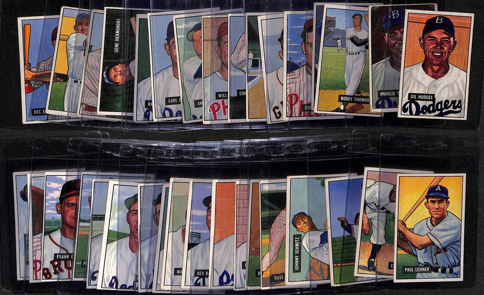 Lot of (34) 1951 Bowman Baseball Cards w/ Hodges, Reese, Thomson, Newcombe, Roberts, +