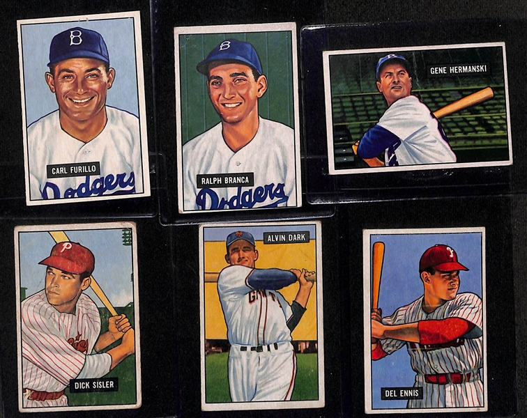 Lot of (34) 1951 Bowman Baseball Cards w/ Hodges, Reese, Thomson, Newcombe, Roberts, +