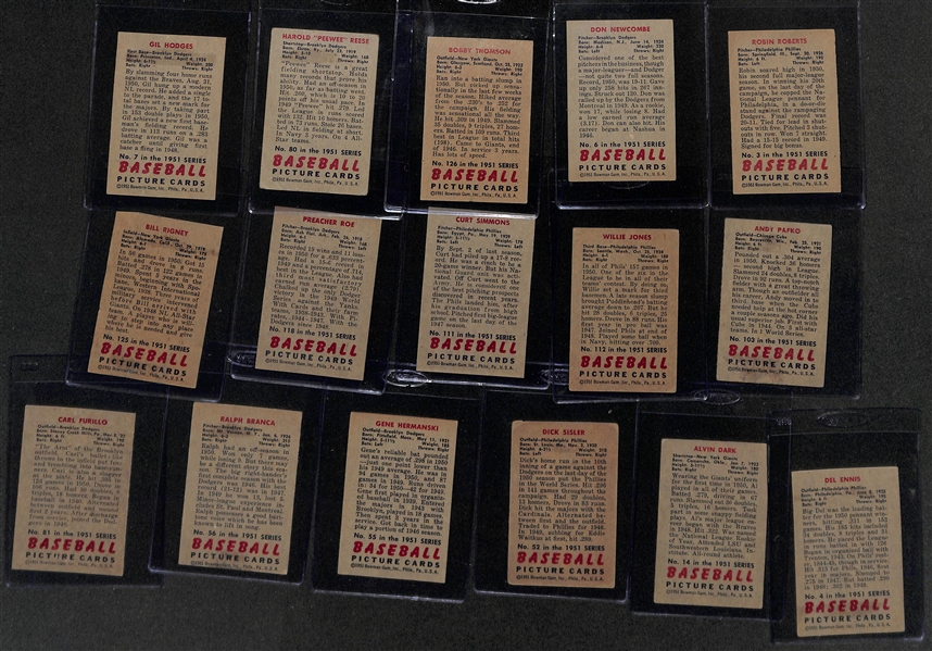 Lot of (34) 1951 Bowman Baseball Cards w/ Hodges, Reese, Thomson, Newcombe, Roberts, +