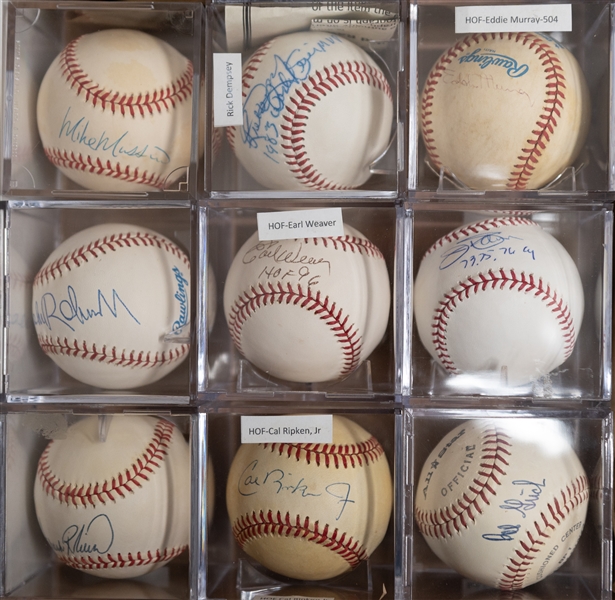 Lot of (9) Orioles Signed Baseballs w. Cal Ripken Jr, F. Robinson, B. Robinson, Eddie Murray, Jim Palmer, Grich, Earl Weaver, Dempsey, Mike Mussina (JSA Auction Letter)