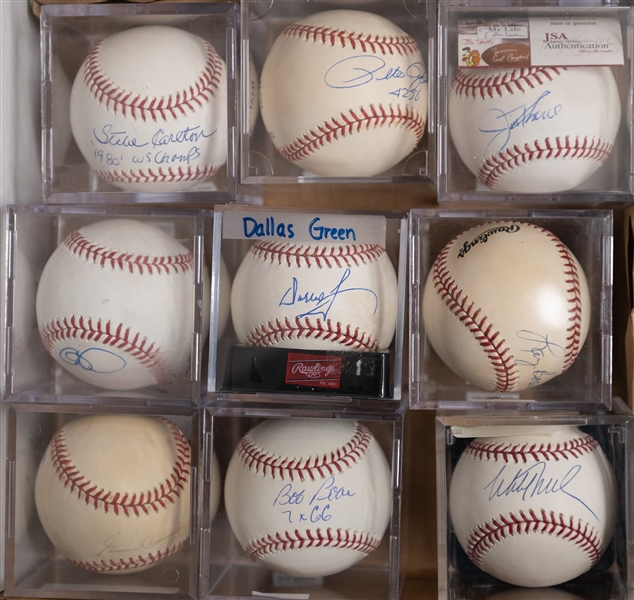 (9) Phillies Signed Baseballs w. Jim Thome, Steve Carlton, Pete Rose, Cole Hamels, D. Green, Bowa, Mauch, Boone, Mitch Williams (JSA Auction Letter)