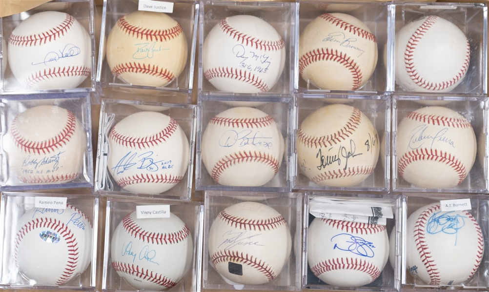 (15) Signed Baseballs w. McClain, Sheffield, Justice, Browning, H. Reynolds, Shantz, A. Bailey, Dave Stewart, Tommy John, R. Sierra, R. Pena, V. Castilla, Creese, Scheurhause, AJ Burnett (JSA...