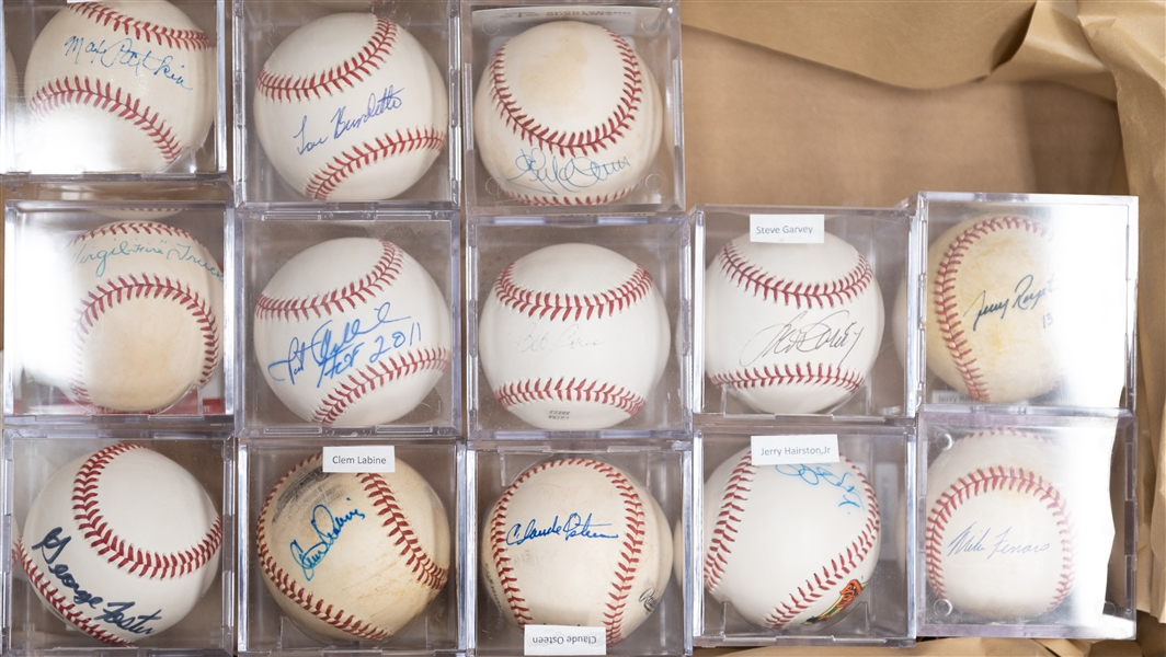 (13) Signed Baseballs w. Max Patkin (Clown Prince), Lew Burdette, Jack McDowell, Steve Garvey, Bob Boone, Pat Gillick (HOF), Virgil Trucks, Jerry Royster, George Foster, Clem Labine, Claude Osteen,...