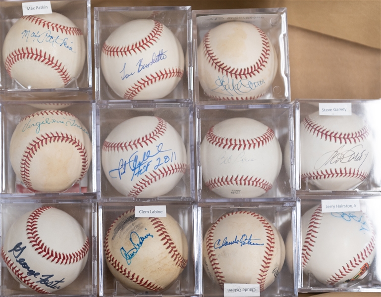 (13) Signed Baseballs w. Max Patkin (Clown Prince), Lew Burdette, Jack McDowell, Steve Garvey, Bob Boone, Pat Gillick (HOF), Virgil Trucks, Jerry Royster, George Foster, Clem Labine, Claude Osteen,...