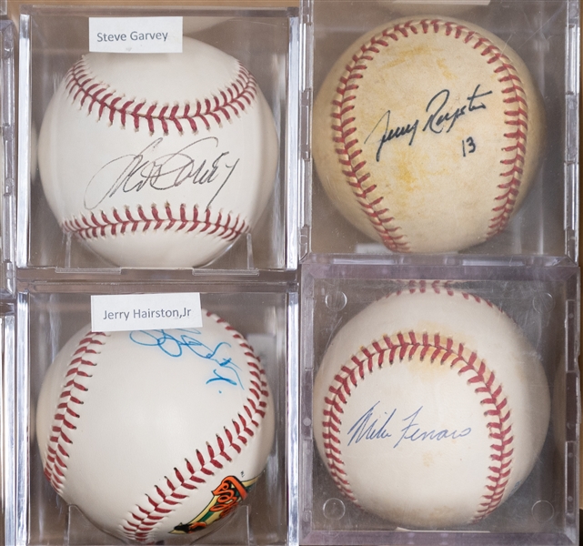 (13) Signed Baseballs w. Max Patkin (Clown Prince), Lew Burdette, Jack McDowell, Steve Garvey, Bob Boone, Pat Gillick (HOF), Virgil Trucks, Jerry Royster, George Foster, Clem Labine, Claude Osteen,...