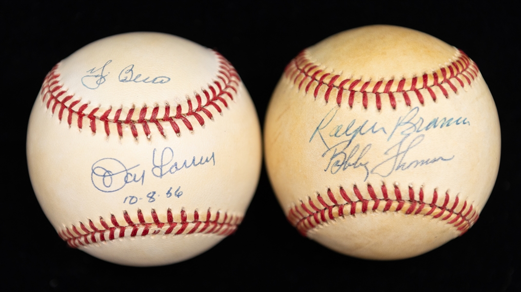 Lot of (2) Dual-Signed Baseballs w. Berra/Larsen & Branca/Thompson (JSA Auction Letter)