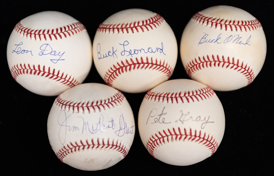 Lot of (5) Negro League Legends & Hall of Famer Signed Baseballs - Leonard/Day/O'Neil/Grant/Gray (JSA Auction Letter)