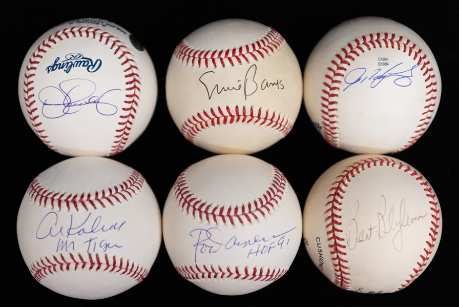 Lot of (6) Hall of Famer Autographed Baseballs - Ernie Banks/Rodriguez/Kaline/Eckersley & Rice/Carew/Blyleven (JSA Auction Letter)