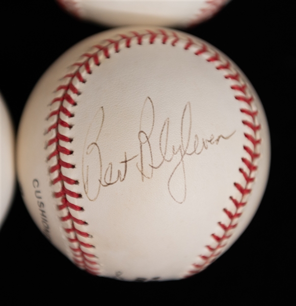 Lot of (6) Hall of Famer Autographed Baseballs - Ernie Banks/Rodriguez/Kaline/Eckersley & Rice/Carew/Blyleven (JSA Auction Letter)