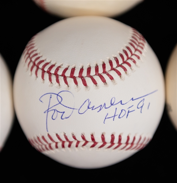 Lot of (6) Hall of Famer Autographed Baseballs - Ernie Banks/Rodriguez/Kaline/Eckersley & Rice/Carew/Blyleven (JSA Auction Letter)