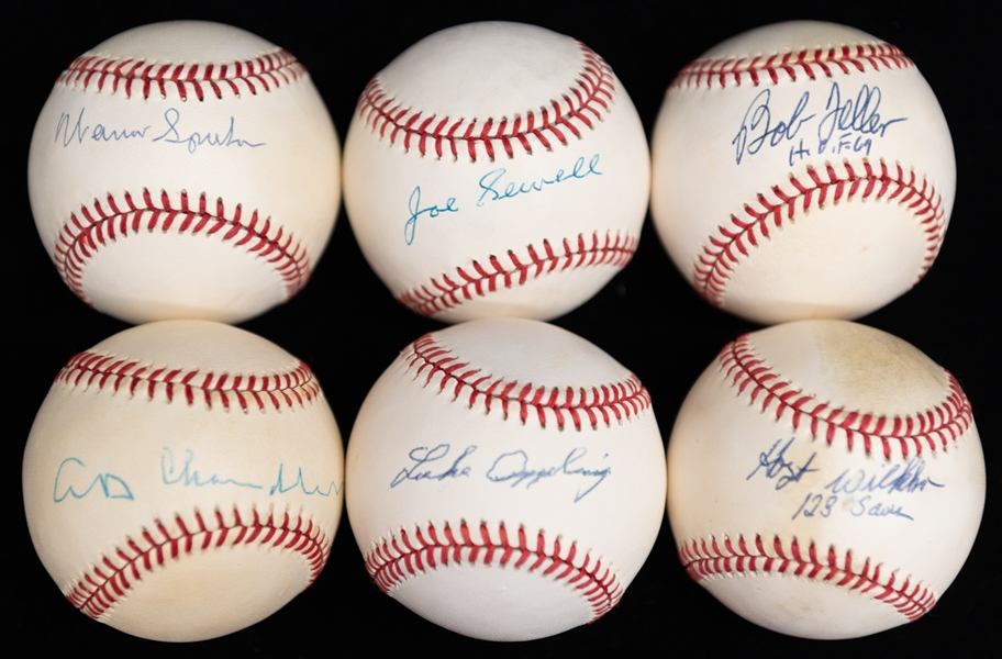 Lot of (6) Hall of Famer Autographed Baseballs - Spahn/Sewell (JSA COA)/Wilhelm/Feller/Chandler/Appling (JSA Auction Letter)