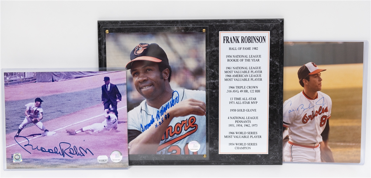 Orioles Autograph 8x10 Lot - Cal Ripken Jr., Frank Robinson (Plaque), & Brooks Robinson (JSA Auction Letter)