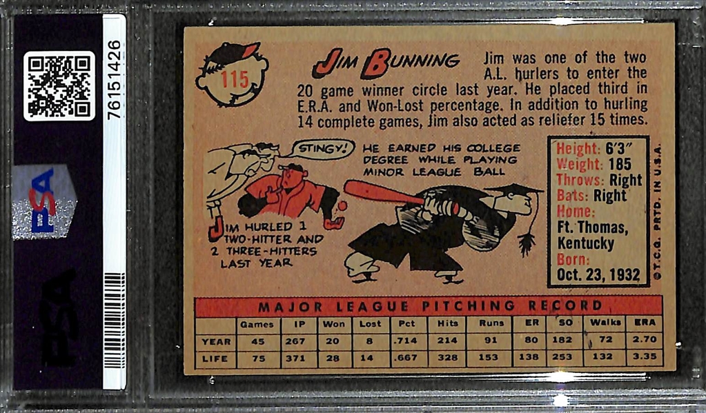 Pack-Fresh 1958 Topps Jim Bunning Signed Card Graded PSA 8 (Autograph Grade 10)