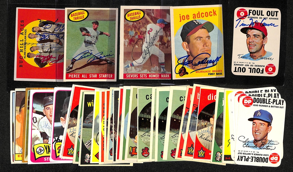 (40) Signed 1958-1968 Baseball Cards w. Tim McCarver, Adcock, Sievers, Pierce, Buc Hill Aces (All 4 Signatures - Face, Law, Friend, Kline) - JSA Auction Letter