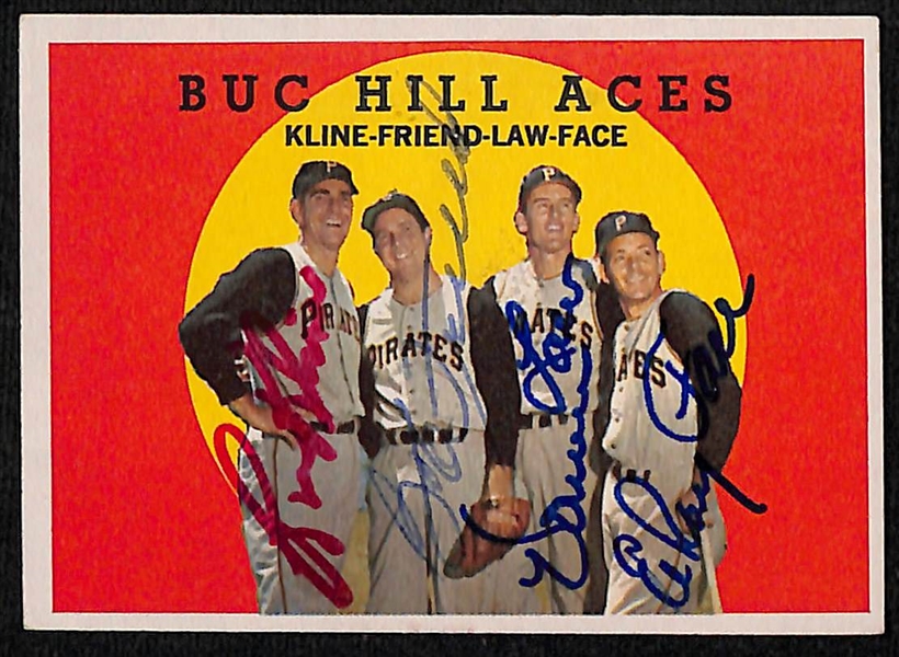 (40) Signed 1958-1968 Baseball Cards w. Tim McCarver, Adcock, Sievers, Pierce, Buc Hill Aces (All 4 Signatures - Face, Law, Friend, Kline) - JSA Auction Letter