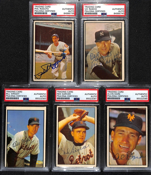 (5) 1953 Bowman Color Signed Cards - Phil Rizzuto, Vic Raschi, Bill Wright, Ned Garver, Al Dark (PSA/DNA Authenticated)